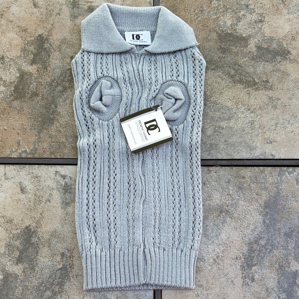 DC Light Gray Cable Knit Dog Sweater with Turtleneck Collar